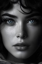 Monochromatic close up fashion portrait with blue eyes, AI generated