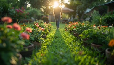 Woman walking in a lush garden illuminated by warm sunset light with vibrant flowers, AI Generated,