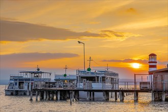 Sunset, lighthouse, jetty, Lake Neusiedl, Austria, Europe