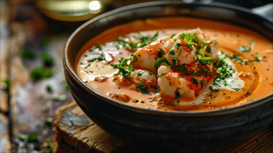 A rustic seafood bisque with lobster and parsley on a wooden table, AI generated