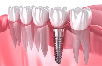 A close up of a titanium modern dental implant teeth with a silver implant screw, AI generated
