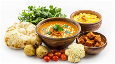 An arrangement of Indian food including naan, curry, and rice pilaf, AI generated