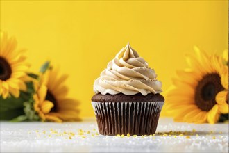 Chocolate cupcake with swirls of creamy frosting crowning against a sunflower yellow background, AI