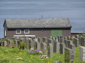 Wooden house behind a cemetery with many flowers on the shore of a lake, old stone church and many