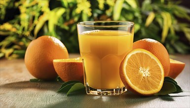 Glass of fresh orange juice surrounded by sliced oranges on a wooden table in front of green