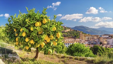 Lemon tree with ripe fruit in a Mediterranean landscape AI generated, AI generated