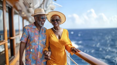 Happy african american senior couple portrait on the deck of their luxury cruise ship. generative