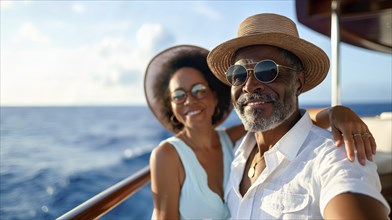 Happy african american senior couple portrait on the relaxing deck of their luxury cruise ship.