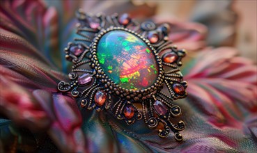 A brooch adorned with an iridescent opal gemstone AI generated