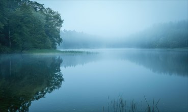 A gentle morning mist over a tranquil lake with soft reflections AI generated