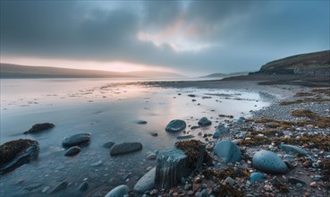 A serene coastal landscape with soft morning hues illuminating the shoreline AI generated