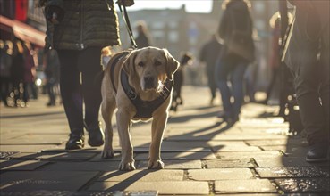 A guide dog leading its owner along a suburban sidewalk AI generated