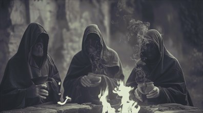 Members of a cult sect. Three hooded evil figures sit around a fire in a ritual, AI generated