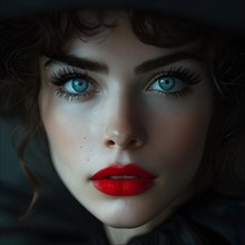 Close up fashion portrait with blue eyes and red lips, AI generated