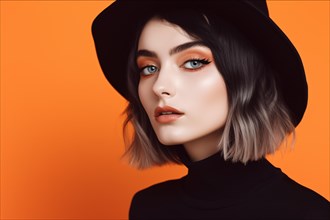 Young woman with srange autumn Makeup and black hat. KI generiert, generiert, AI generated