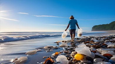 Man cleaning up a polluted beach covered with plastic trash, Illustrating the concept of