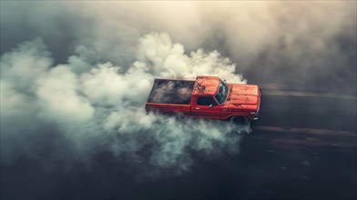 Red 80s american pick-up truck drifting on a road enveloped in smoke, AI generated