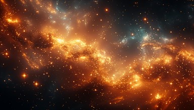 A vibrant space scene with a nebula, stars, and cosmic dust in orange and blue hues, AI Generated,