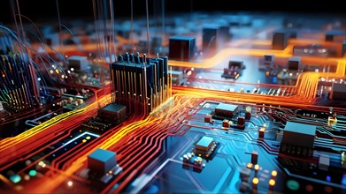 Illustration of abstract data stream cascades over a circuit board transforming into swirling