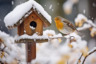 Robin bird with bird feeding house in snow in winter, AI generated