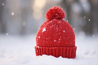 Red knitted hat in snow, AI generated