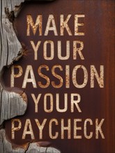 A motivational quote 'Make your passion your paycheck' on a rustic wooden background, ai generated,