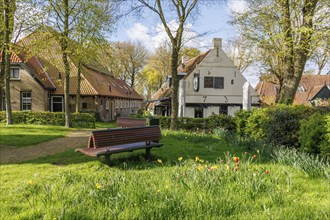 Green park with flowers and benches, surrounded by cosy village houses under a blue sky, old houses