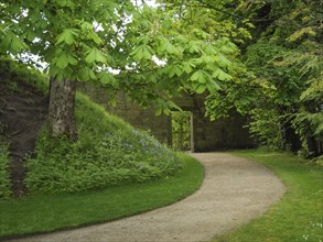 A path leads past an old wall through a green landscape, small footpath between green trees,