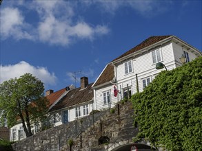White houses with tiled roofs, blue sky and vegetation, a climb leads up to the houses, white