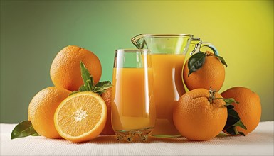 Fresh orange juice in a glass and a jug next to oranges and green leaves, AI generated, AI