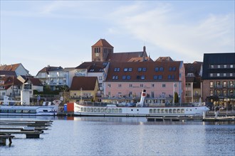 Town view with town harbour on Lake Mueritz, St. Georgen Church, Waren, Mueritz, Mecklenburg Lake