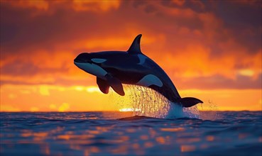 A breaching orca whale captured in mid-air against a vibrant sunset sky AI generated