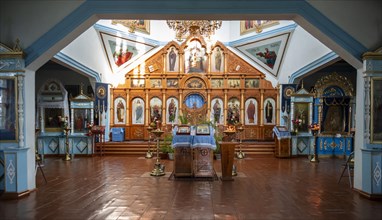 Interior with altar, Russian Orthodox Church Cathedral of the Holy Trinity, Karakol, Kyrgyzstan,