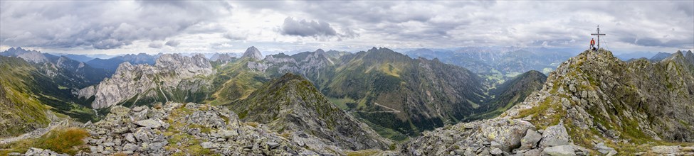 Panorama, view into Val Fleons and Frohntal, mountain landscape with rocky mountain peaks,