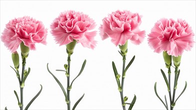Four pink carnation flowers with green stems elegantly arranged against a white background, AI