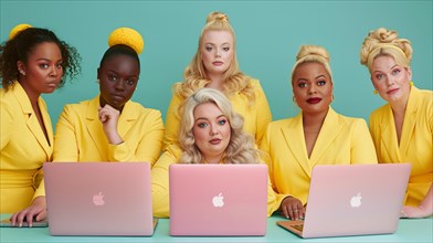 Group of diverse women in yellow outfits with laptops looking professional over a teal solid back,