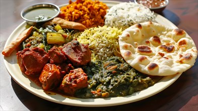 A traditional Indian meal with a variety of spices and flavors, served with rice and naan, AI