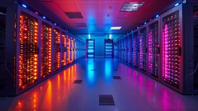 Futuristic data center with vibrant LED lights illuminating rows of server racks, AI Generated, AI