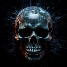 Broken skull with a cascade of binary digits forming a tidal wave stream, AI generated