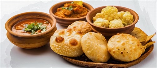 Attractive spread of Indian food with sesame-topped naan, curry, cauliflower, and potatoes in