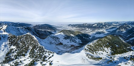 Winter, Alpine panorama with Aiplspitz, Schliersee and Mangfall mountains, Bavarian Prealps,