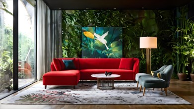 Luxury living room in a modern biophilic concept design with a red sofa, AI generated