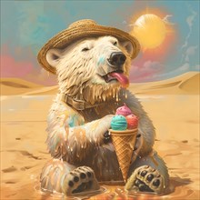 A polar bear sitting in the desert eating ice cream, wearing a straw hat under a scorching sun and