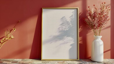 Frame against a red wall with a vase of flowers beside it and sunlight casting shadows, AI