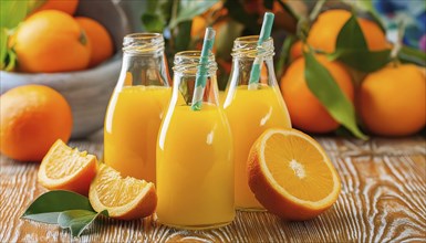 Three small bottles of orange juice with tubes, sliced oranges against a light background, AI