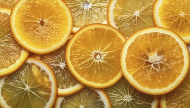 Close-up of sliced oranges showing the textured, juicy surface and vibrant colours, AI generated,