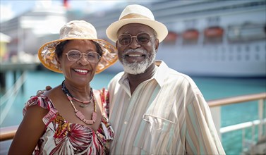 Happy african american senior couple portrait in front of their luxury cruise ship. generative AI,