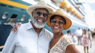 Happy african american senior couple portrait in front of their luxury cruise ship. generative AI,