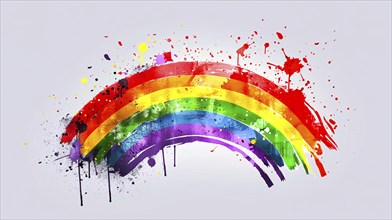 LGBT rainbow with splatters of paint on it. The rainbow is colorful and vibrant, AI generated