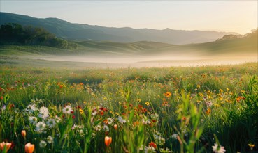 Soft morning light in valley, wildflowers closeup view AI generated